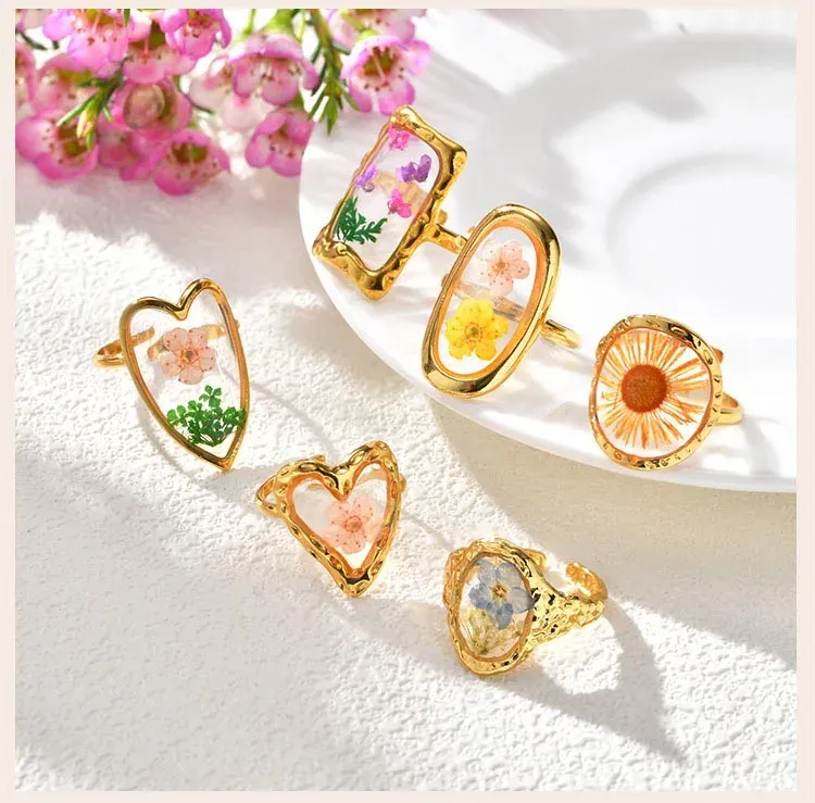 Bague résine fleurs séchées acier inoxydable géométrique