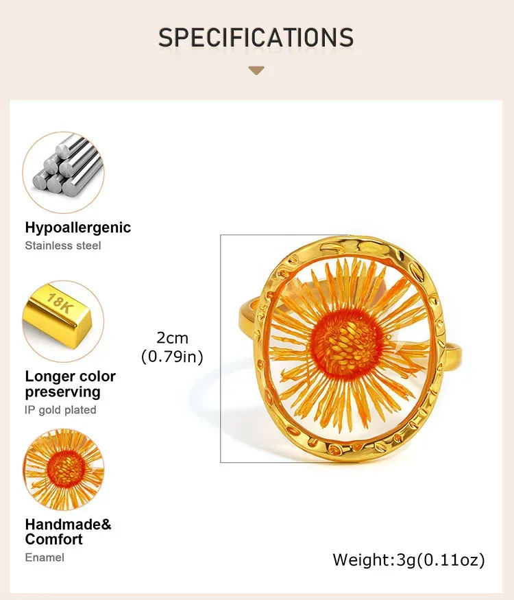 Bague résine fleurs séchées acier inoxydable géométrique