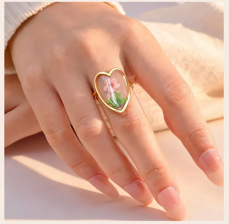 Bague résine fleurs séchées acier inoxydable géométrique
