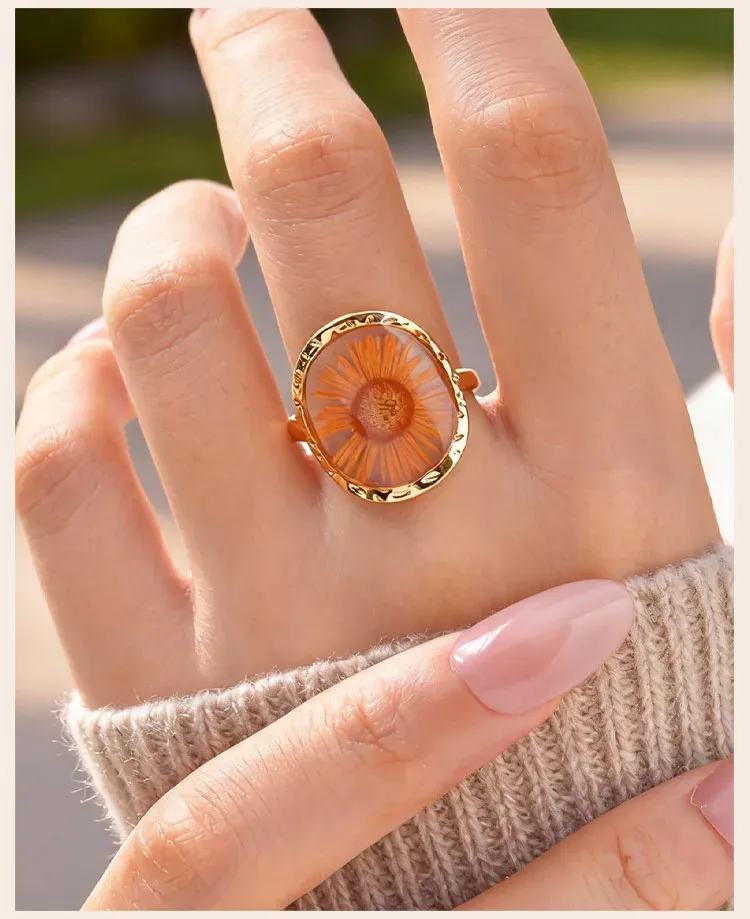 Bague résine fleurs séchées acier inoxydable géométrique