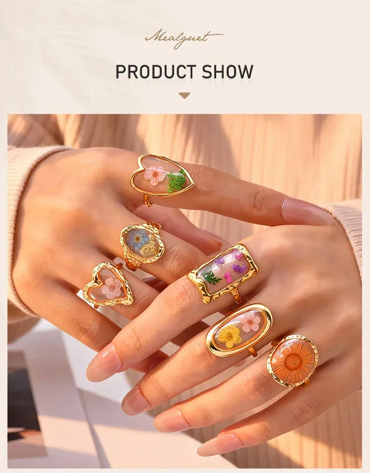 Bague résine fleurs séchées acier inoxydable géométrique