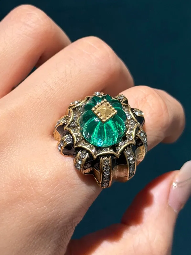 Bagues résine vintage vert strass pour femme mariage