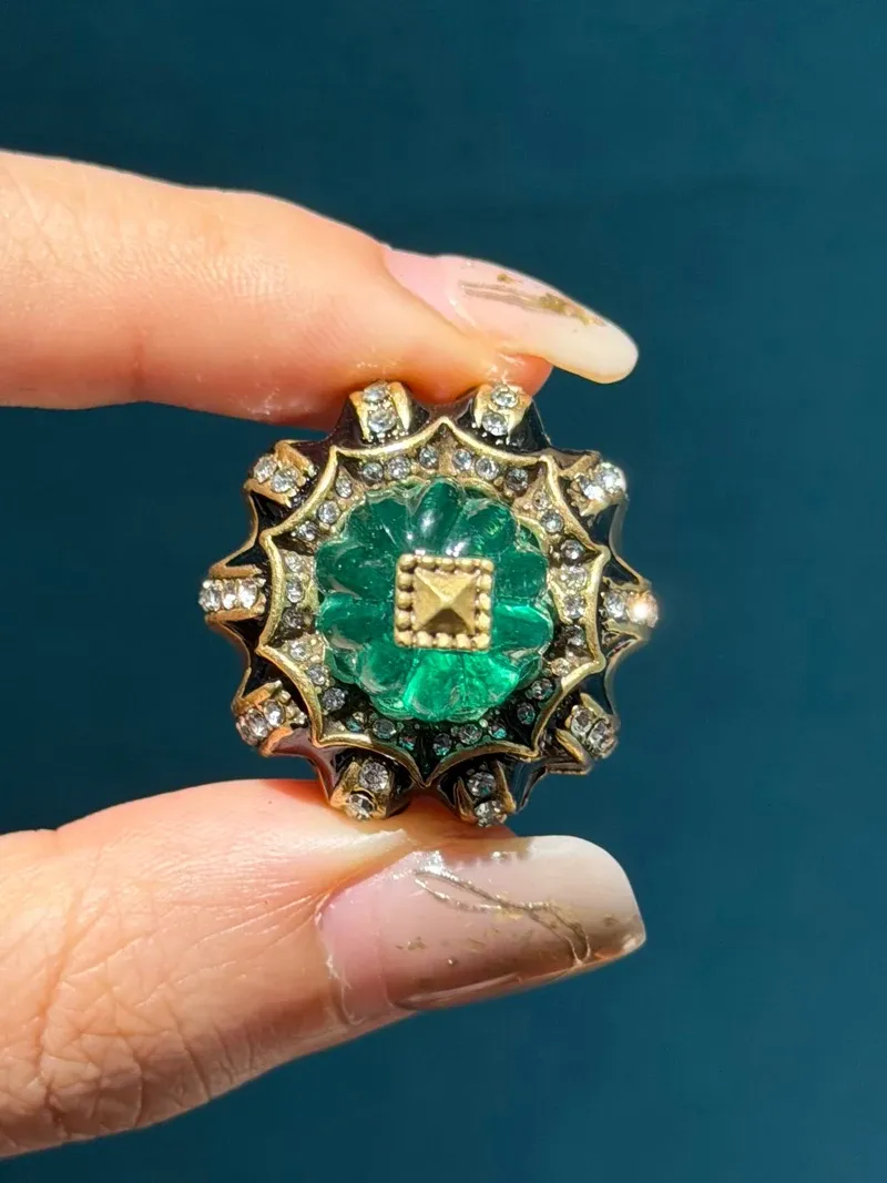 Bagues résine vintage vert strass pour femme mariage