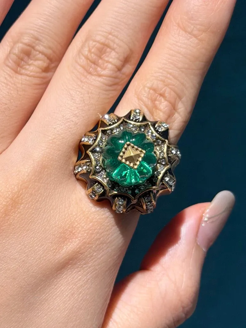 Bagues résine vintage vert strass pour femme mariage