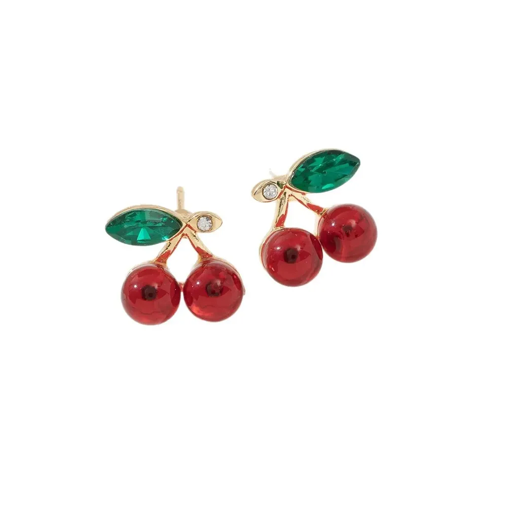 Boucles d'oreilles cerise résine rouge zircon brillant