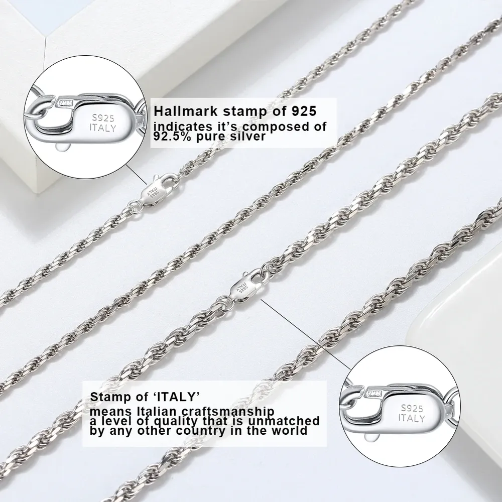 Chaîne corde argent 925 plaqué or 1.2mm à 3.3mm