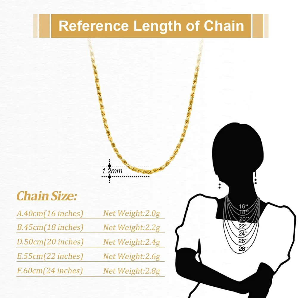 Chaîne corde argent 925 plaqué or 1.2mm à 3.3mm
