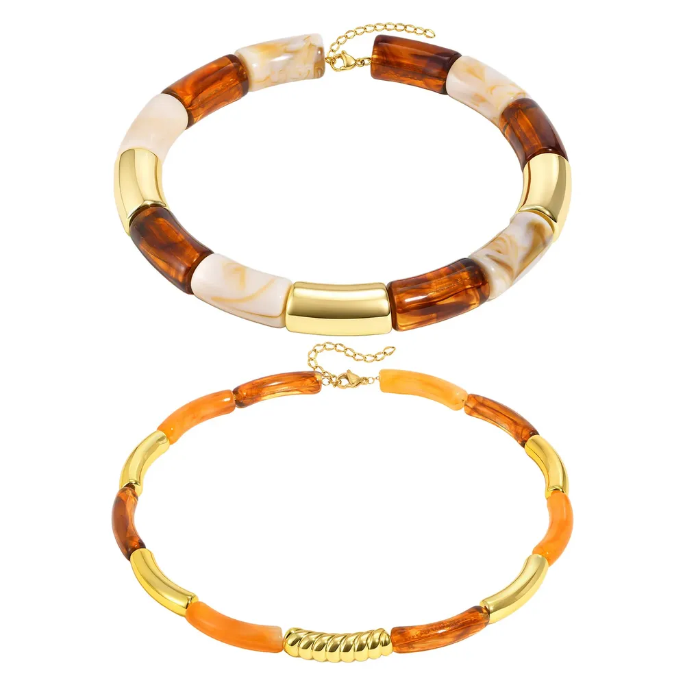 Collier résine ambre marron tube acier inoxydable