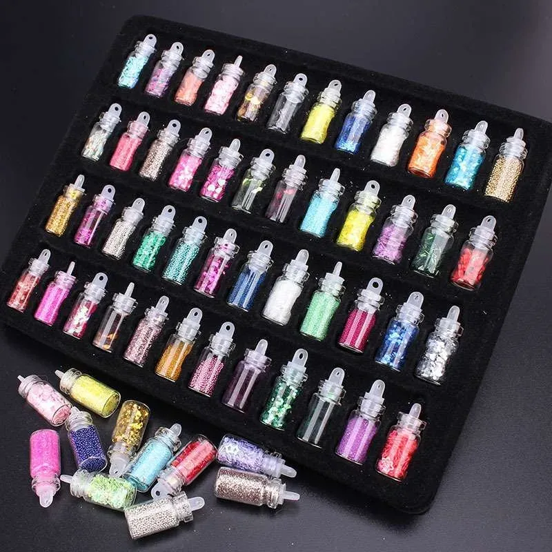 Kit 48 flacons paillettes résine cœur étoile micro perles pour bijoux