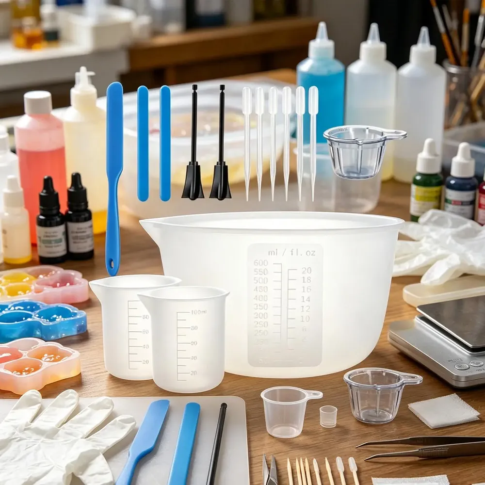 Kit outils mesure résine silicone avec pipettes et gants