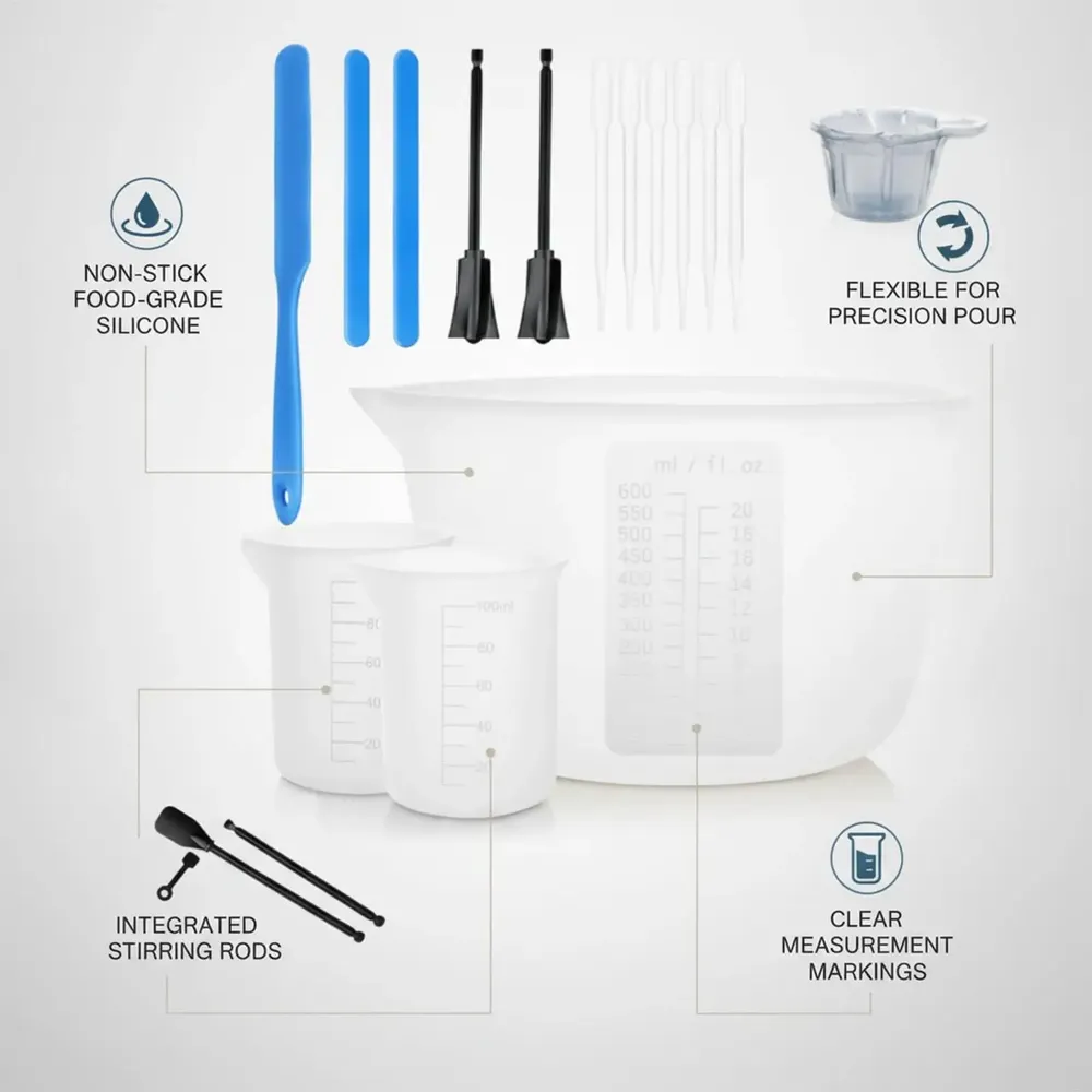 Kit outils mesure résine silicone avec pipettes et gants