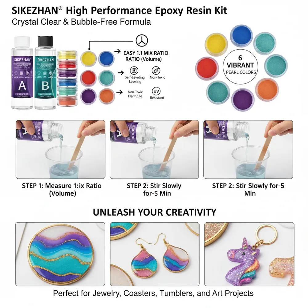 Kit résine époxy et 6 pigments pour bijoux et ongles