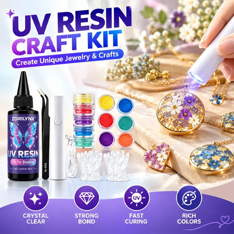 Kit résine UV 50 ml avec lampe rechargeable pour bijoux
