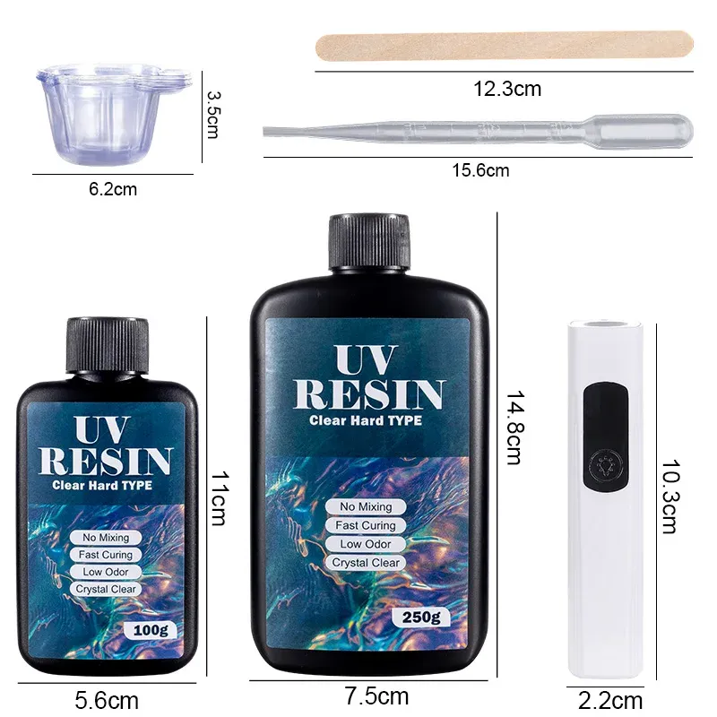 Kit résine UV dure transparente 100 à 250 g avec lampe