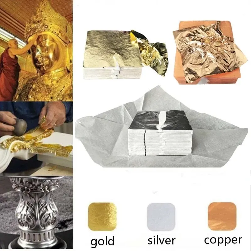 Lot de 100 feuilles d'or argent cuivre imitation 14x14 cm