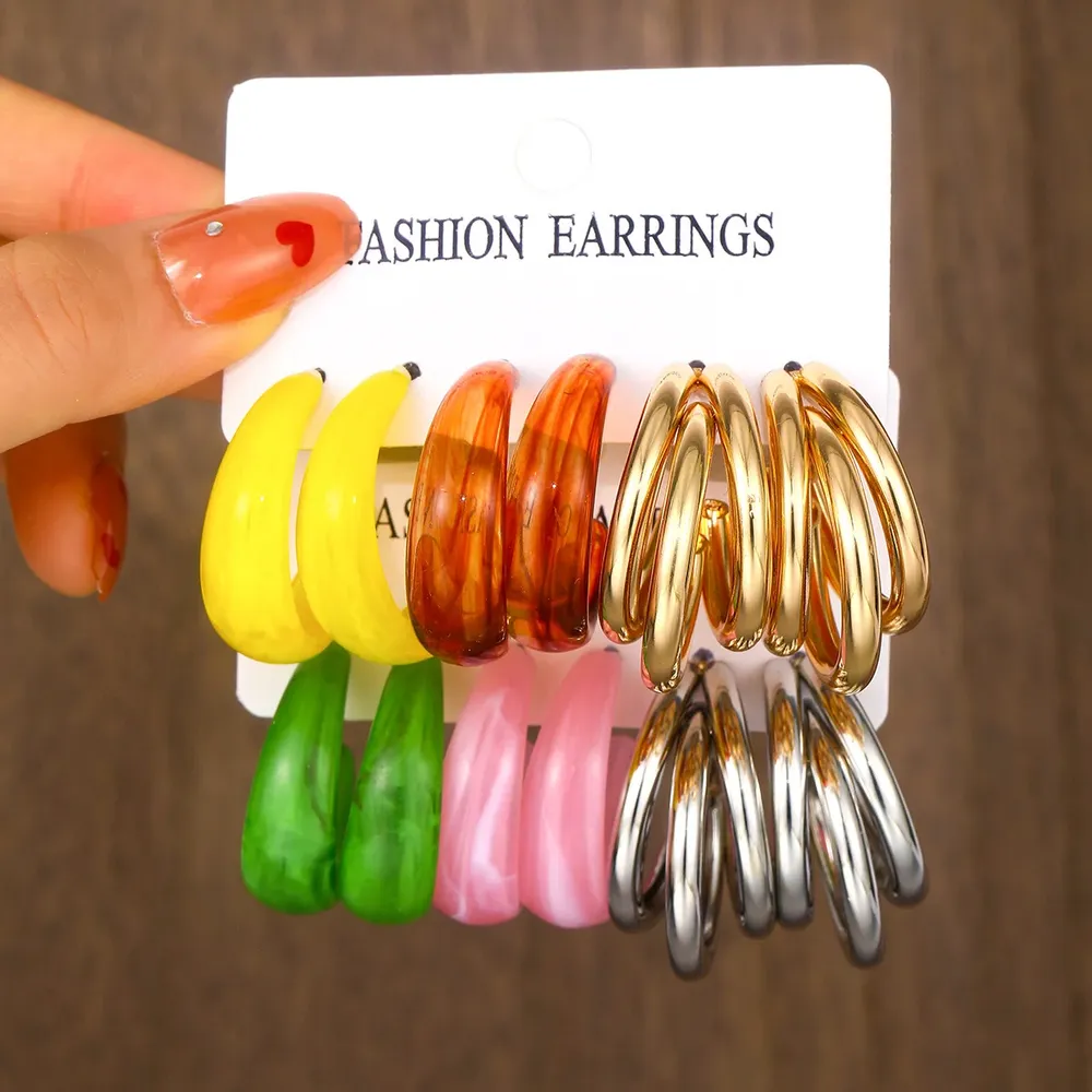 Lot de 12 boucles d'oreilles résine bohème colorée