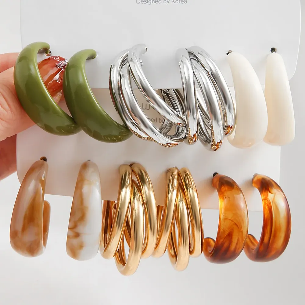 Lot de 12 boucles d'oreilles résine bohème colorée