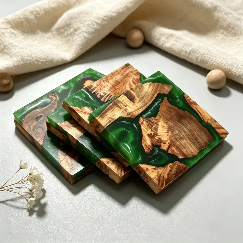 Lot de 4 dessous de verre résine époxy et bois motif rivière