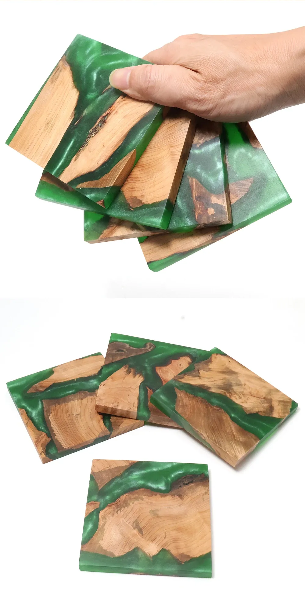 Lot de 4 dessous de verre résine époxy et bois motif rivière
