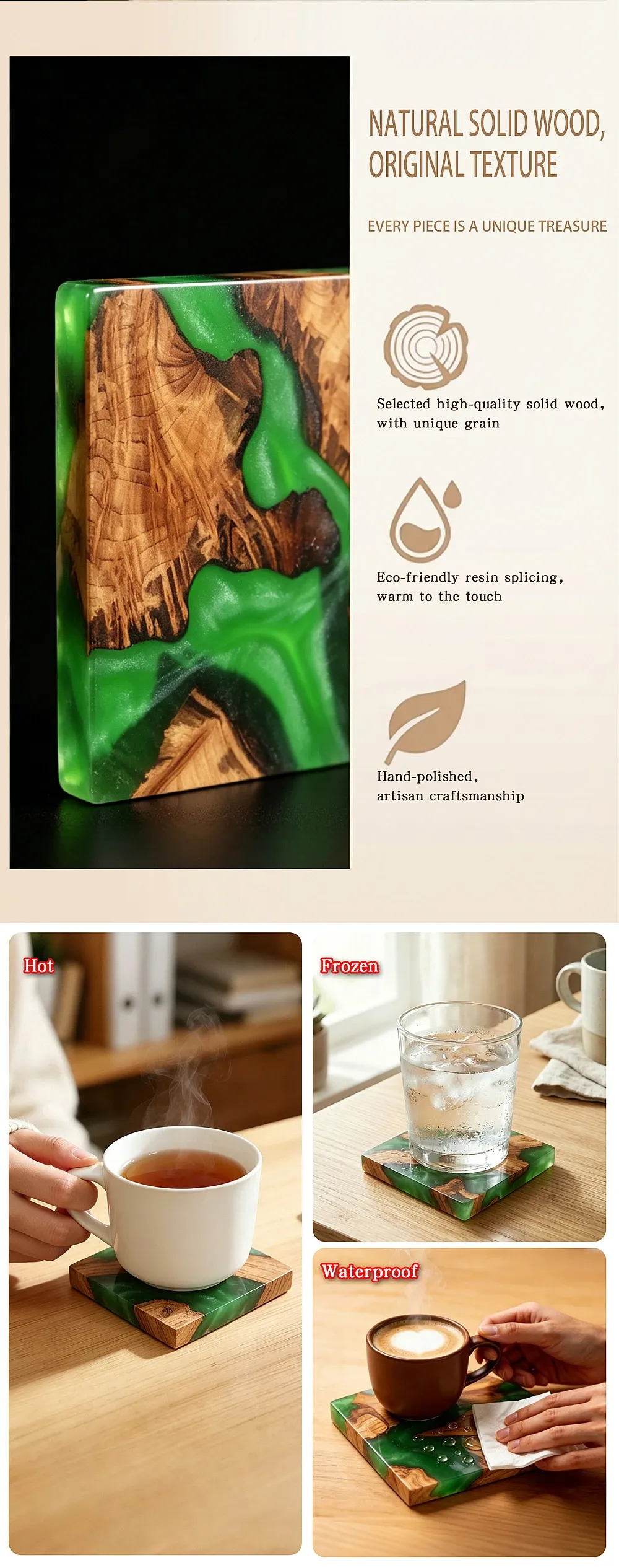 Lot de 4 dessous de verre résine époxy et bois motif rivière