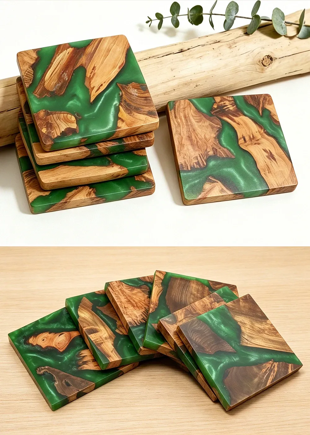 Lot de 4 dessous de verre résine époxy et bois motif rivière