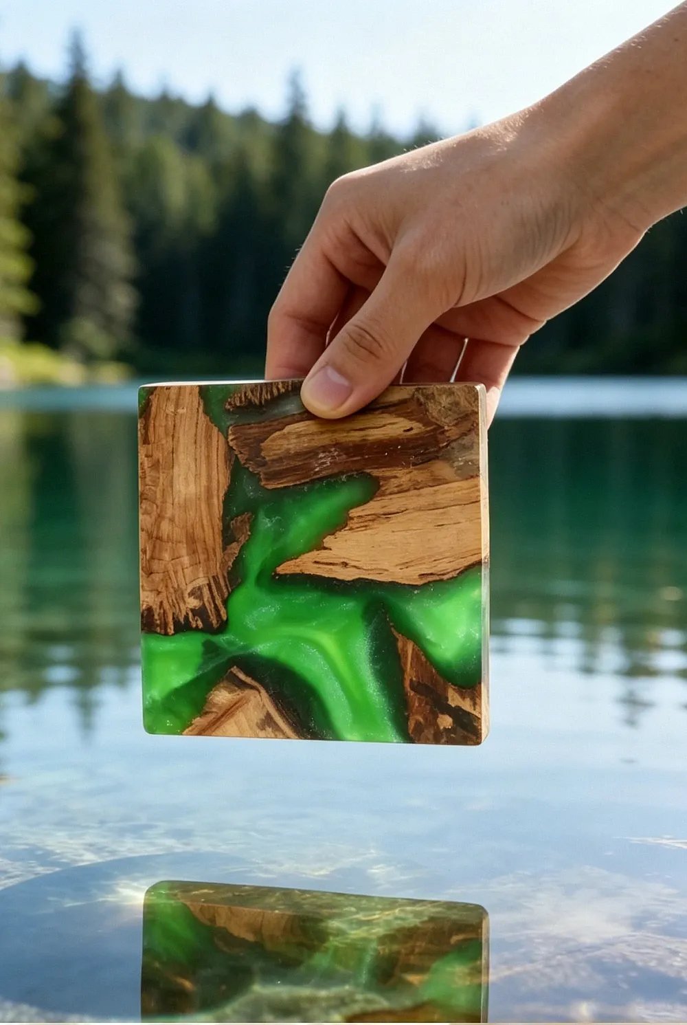 Lot de 4 dessous de verre résine époxy et bois motif rivière