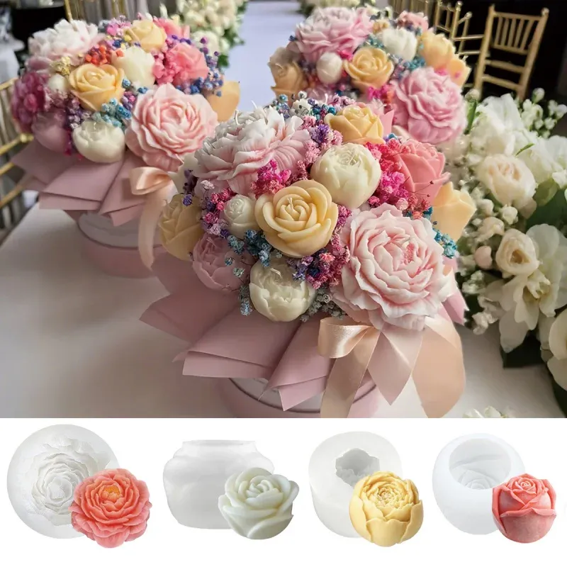 Lot de 4 moules silicone fleurs pivoine rose pour bougie
