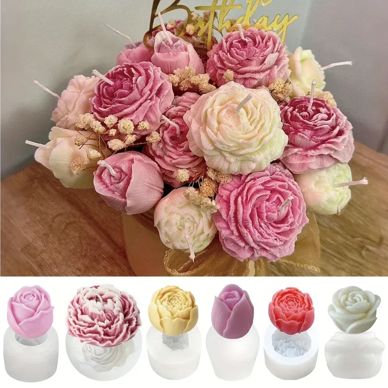 Lot de 6 moules silicone fleurs pivoine rose pour bougies