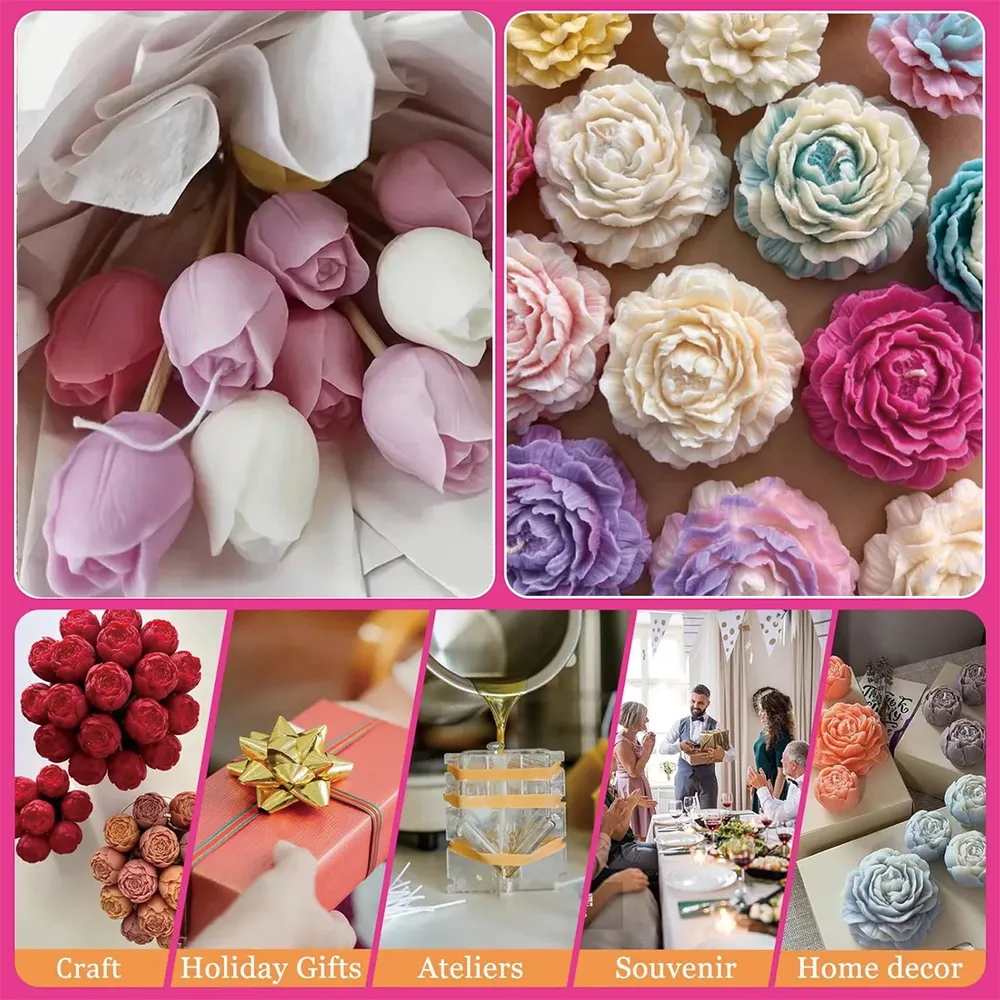 Lot de 6 moules silicone fleurs pivoine rose pour bougies