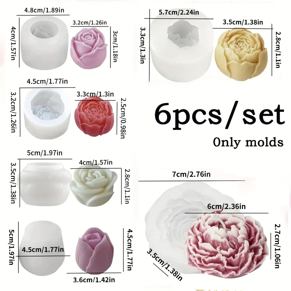 Lot de 6 moules silicone fleurs pivoine rose pour bougies