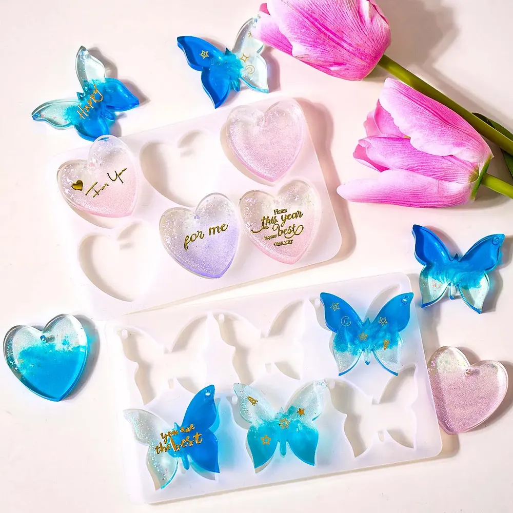 Moule silicone 6 cavités boucles d'oreilles cœur papillon