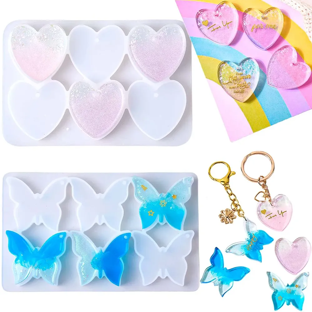 Moule silicone 6 cavités boucles d'oreilles cœur papillon