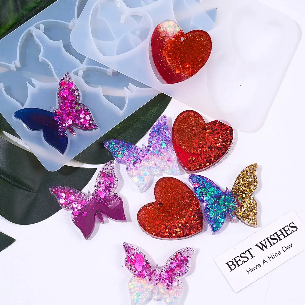 Moule silicone cœur papillon 6 cavités porte-clés bijoux