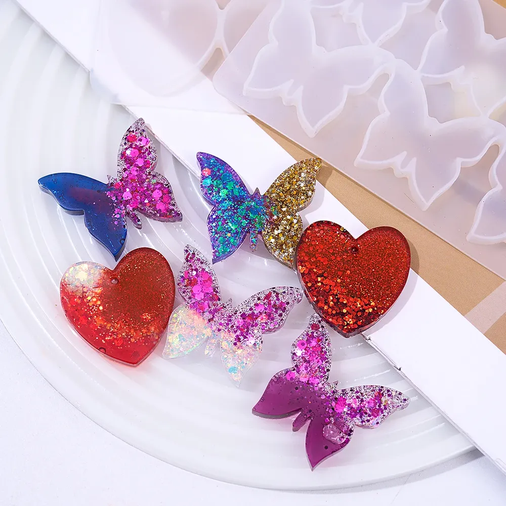 Moule silicone cœur papillon 6 cavités porte-clés bijoux
