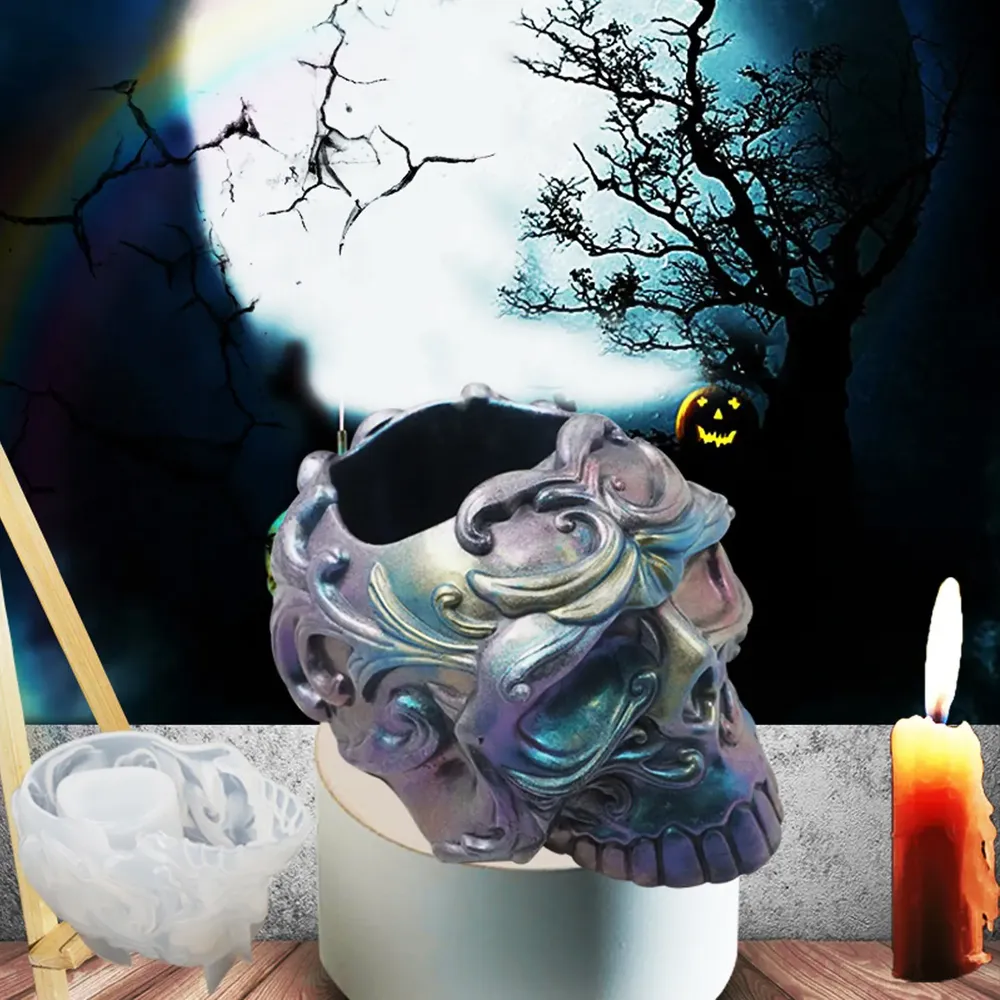 Moule silicone tête crâne 3D, cendrier, pot fleur, bougie