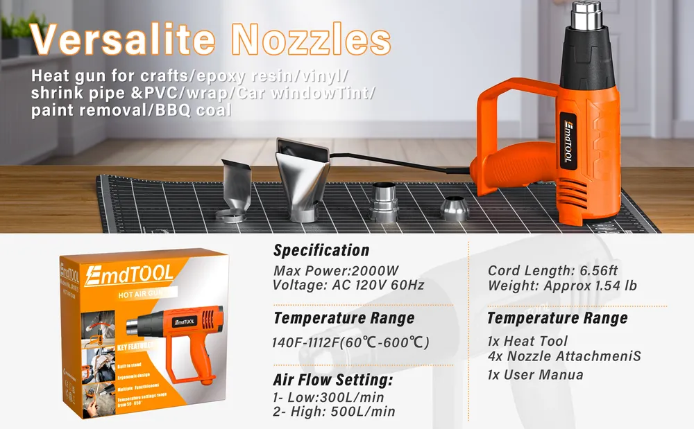 Pistolet thermique 2000W 300-600°C avec 4 buses