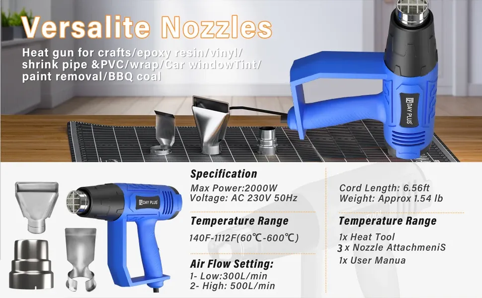 Pistolet thermique 2000W 300 à 600 °C 4 buses