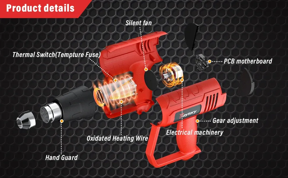 Pistolet thermique 2000W 300 à 600 °C rouge