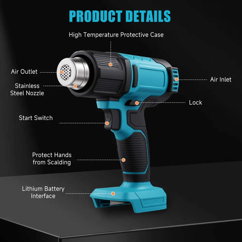 Pistolet thermique sans fil 18V 300W jusqu'à 550 °C