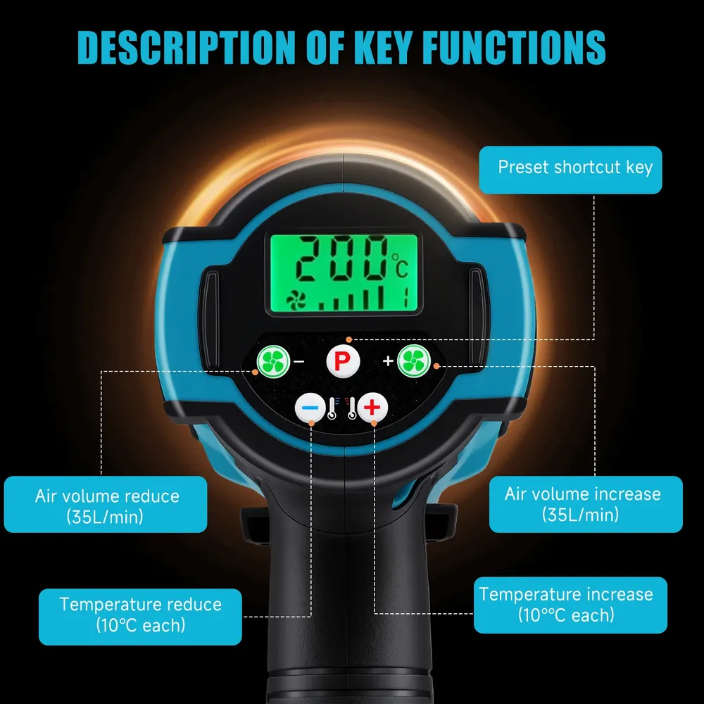 Pistolet thermique sans fil 18V 300W jusqu'à 550 °C